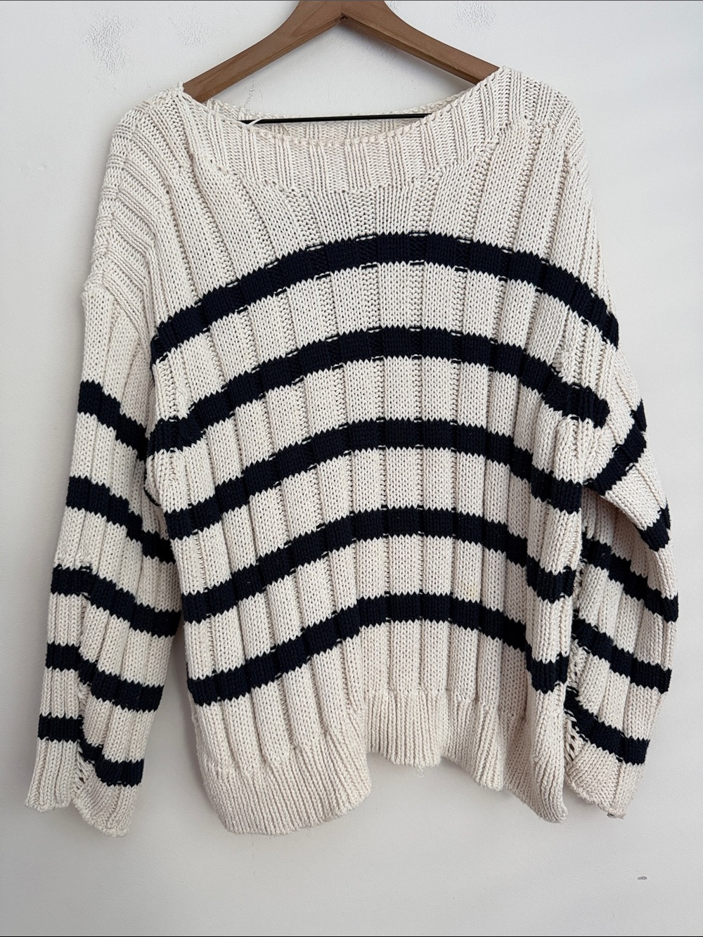 Zara Striped Crewneck Sweater chunky knit slouchy heavyweight cream & navy M